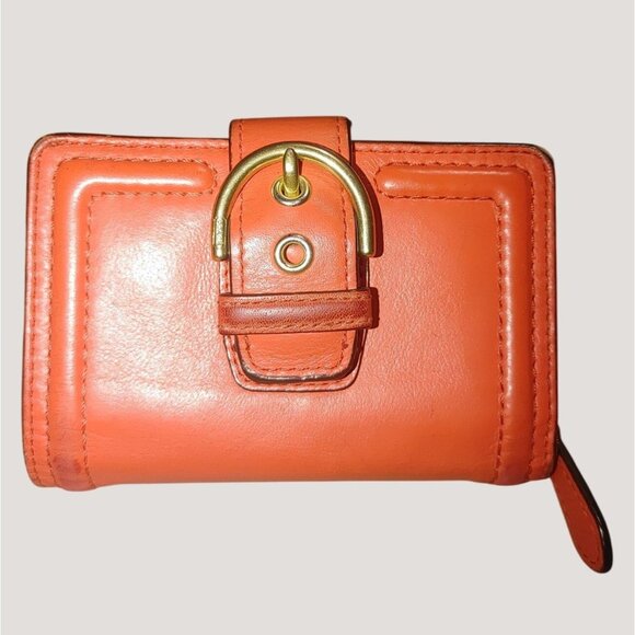 Coach Rust Orange Leather Bifold Wallet Buckle Zip Closure - Picture 1 of 11